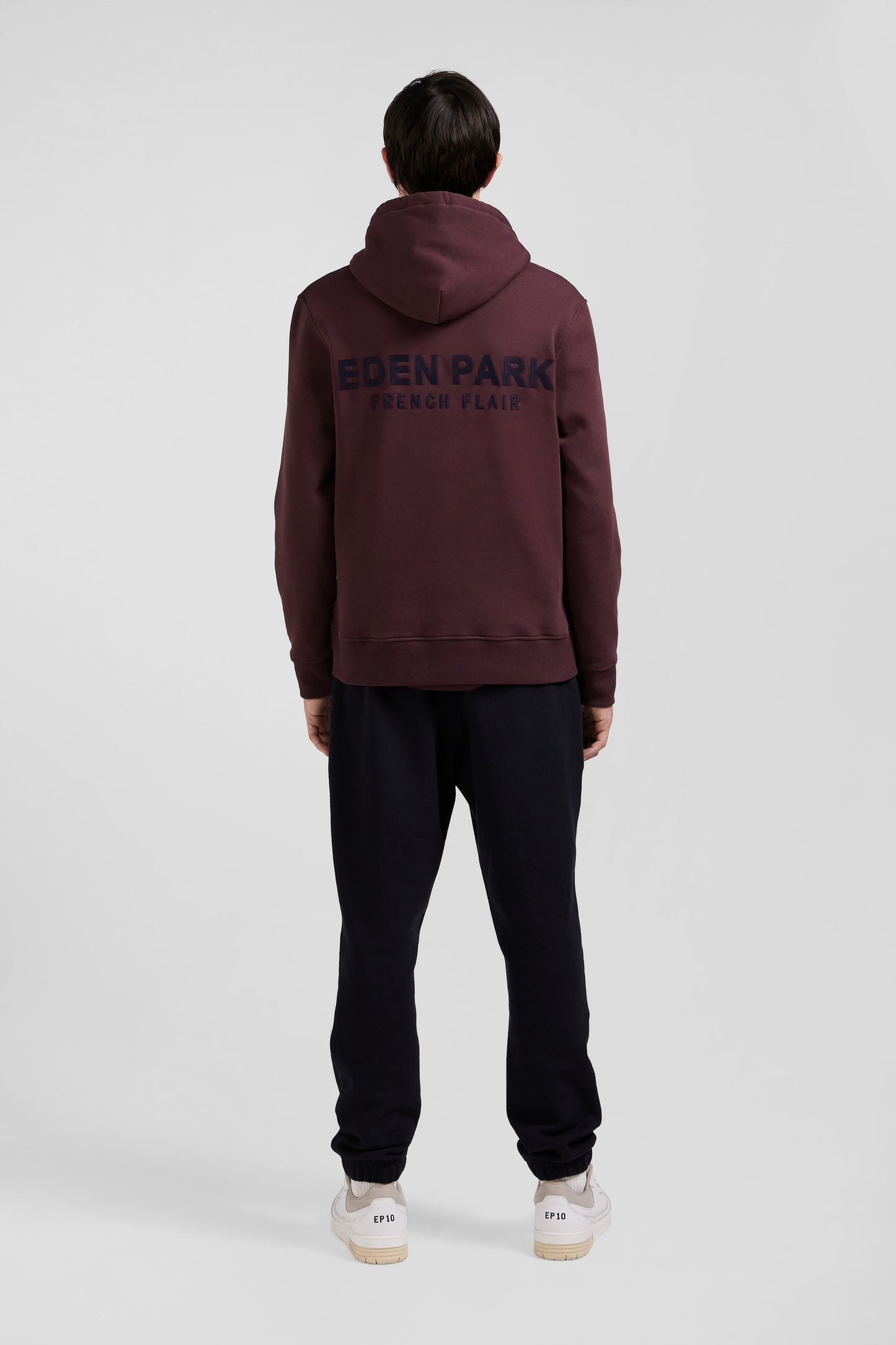 Regular burgundy brushed cotton fleece hoodie with Eden Park embroidery