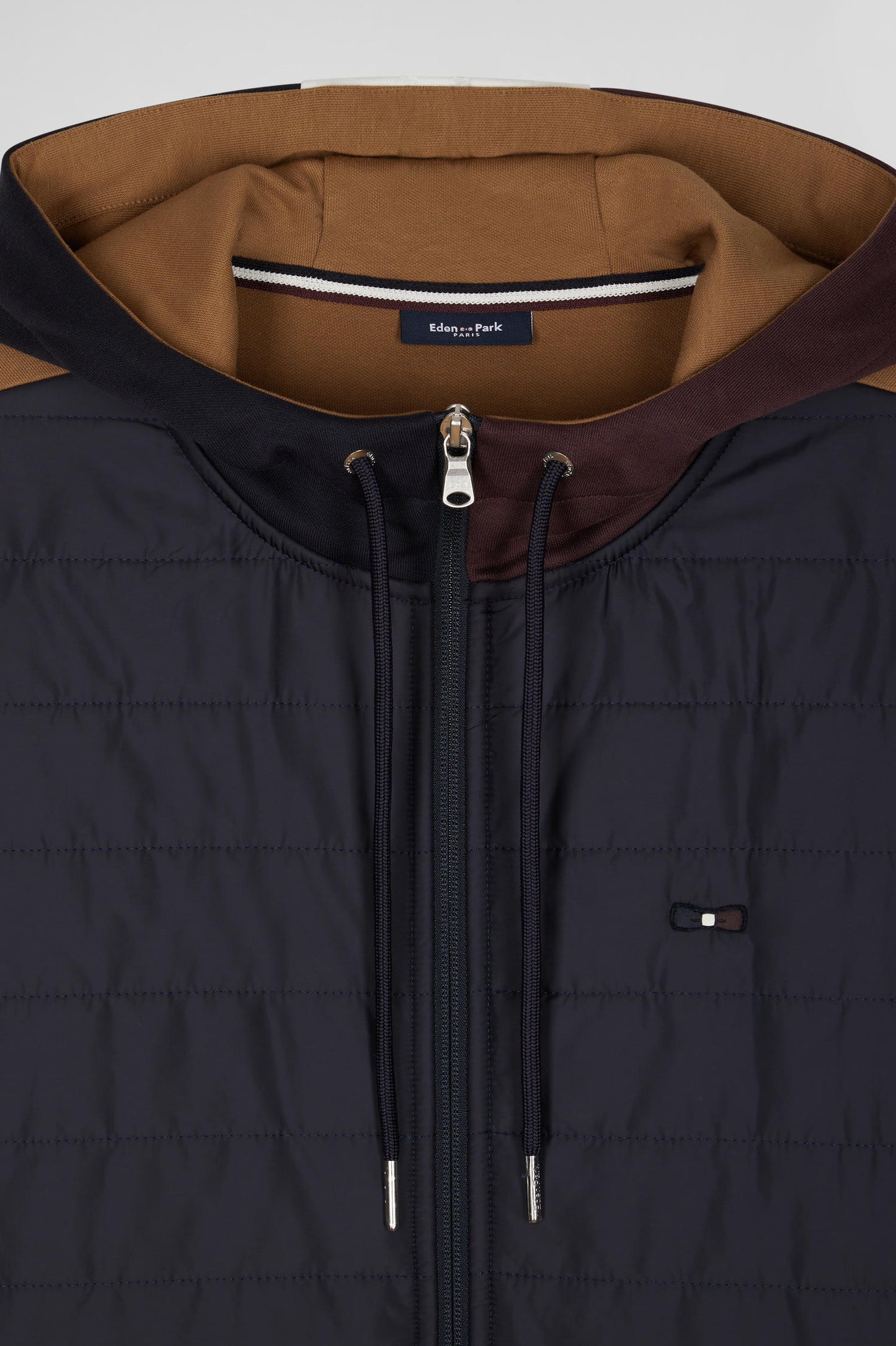 Two-material zip-up sweatshirt with quilted trim in hazelnut and navy Regular fit