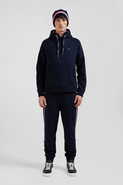 Relaxed navy blue fleece hoodie with branded drawstrings - Image 1