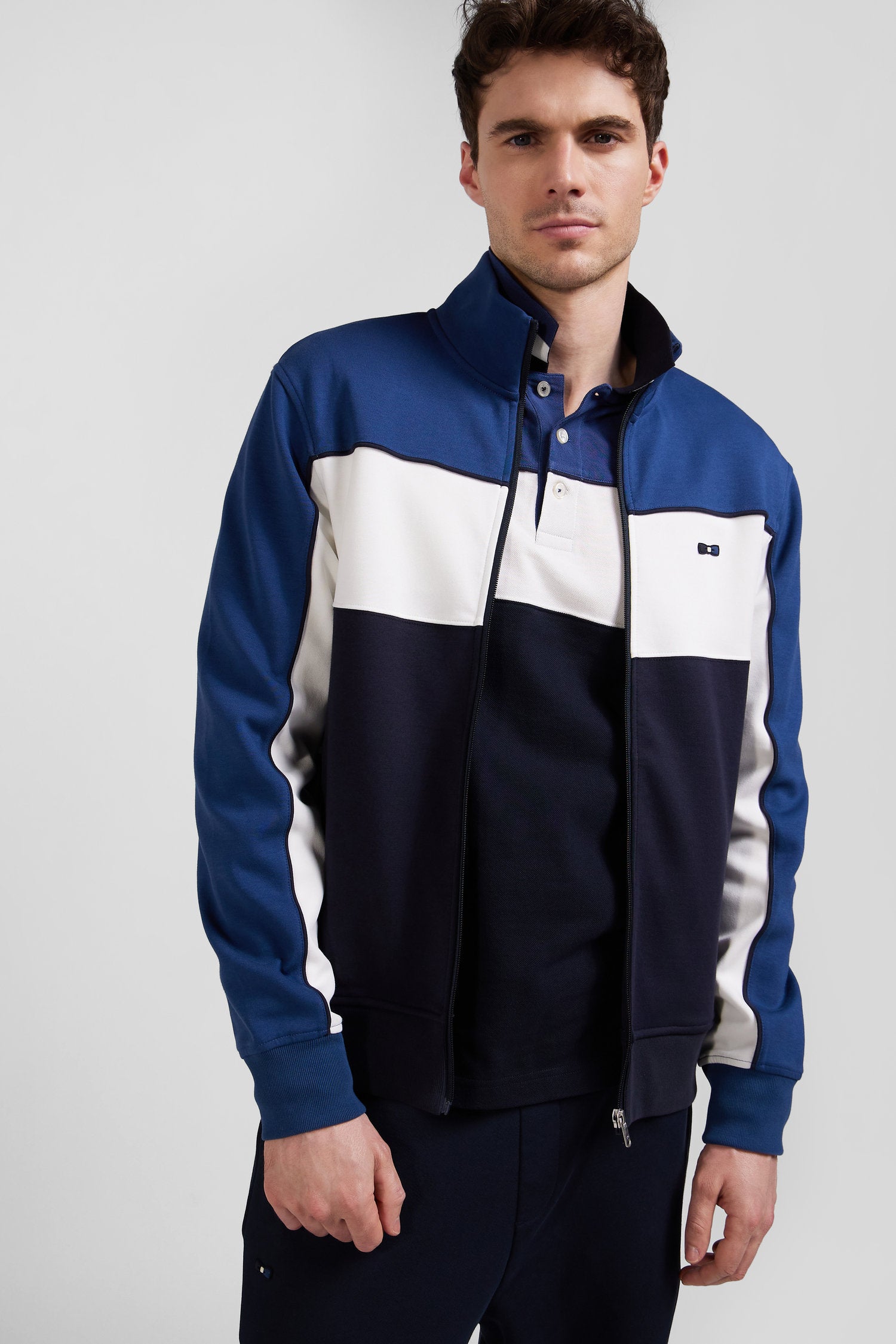 Regular blue tricolor zipped cotton blend sweatshirt