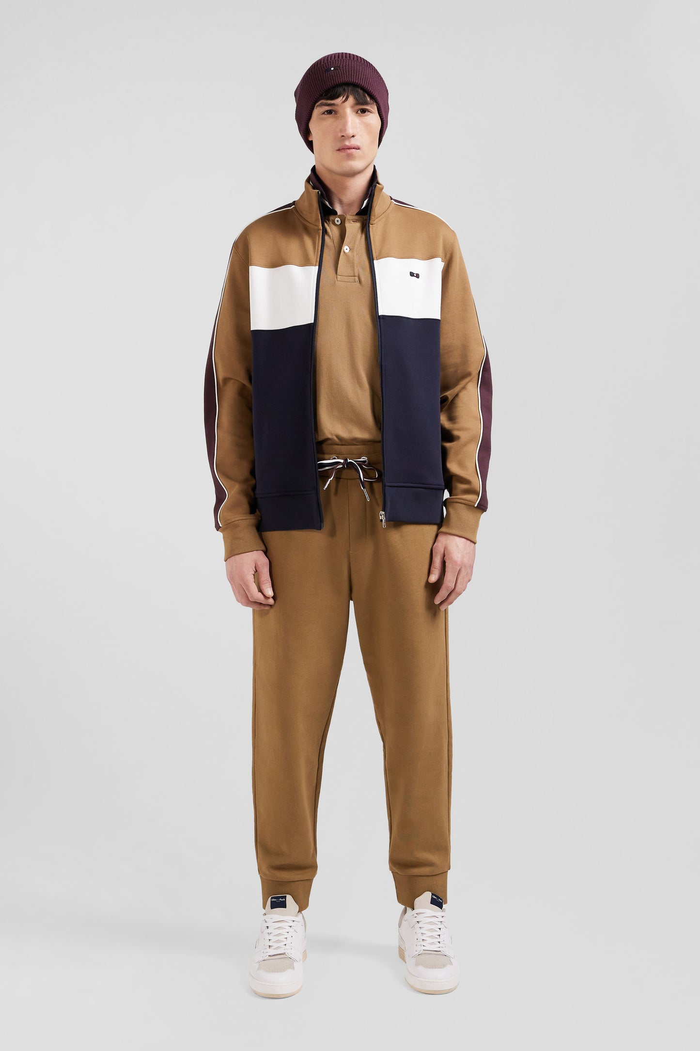 Colorblock zip-up sweatshirt in hazelnut cotton blend, regular fit