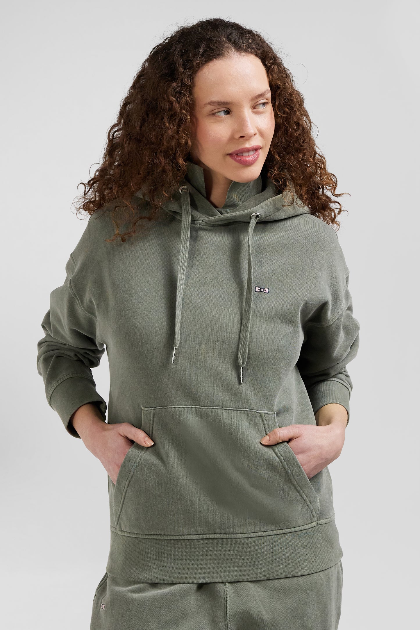 Oversize khaki unisex dyed cotton fleece hoodie