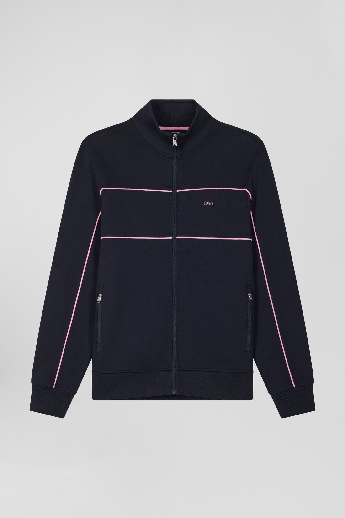 Regular navy zipped high neck sweatshirt with pink piping