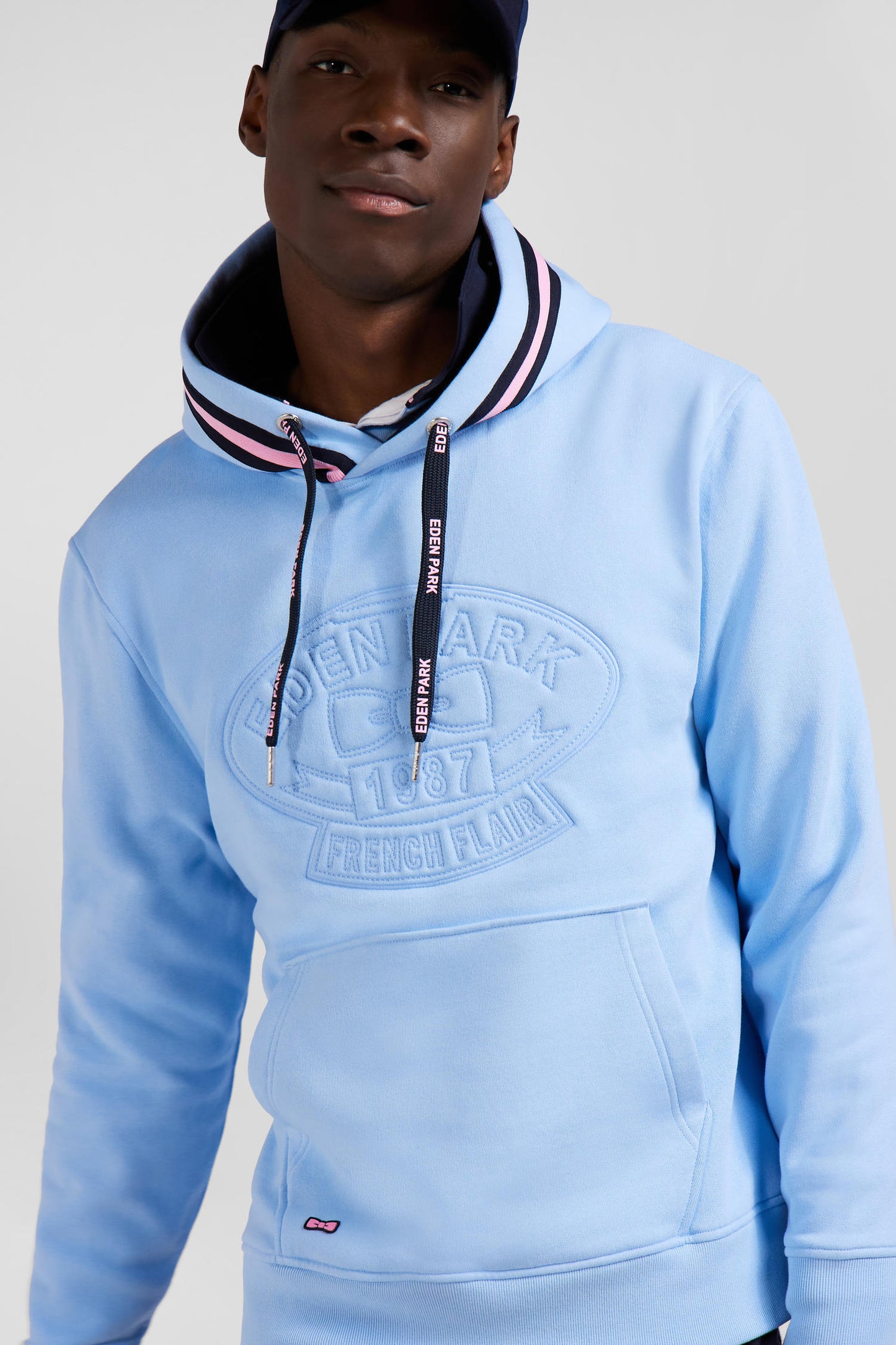 Relaxed sky blue cotton blend hoodie with padded embroidery