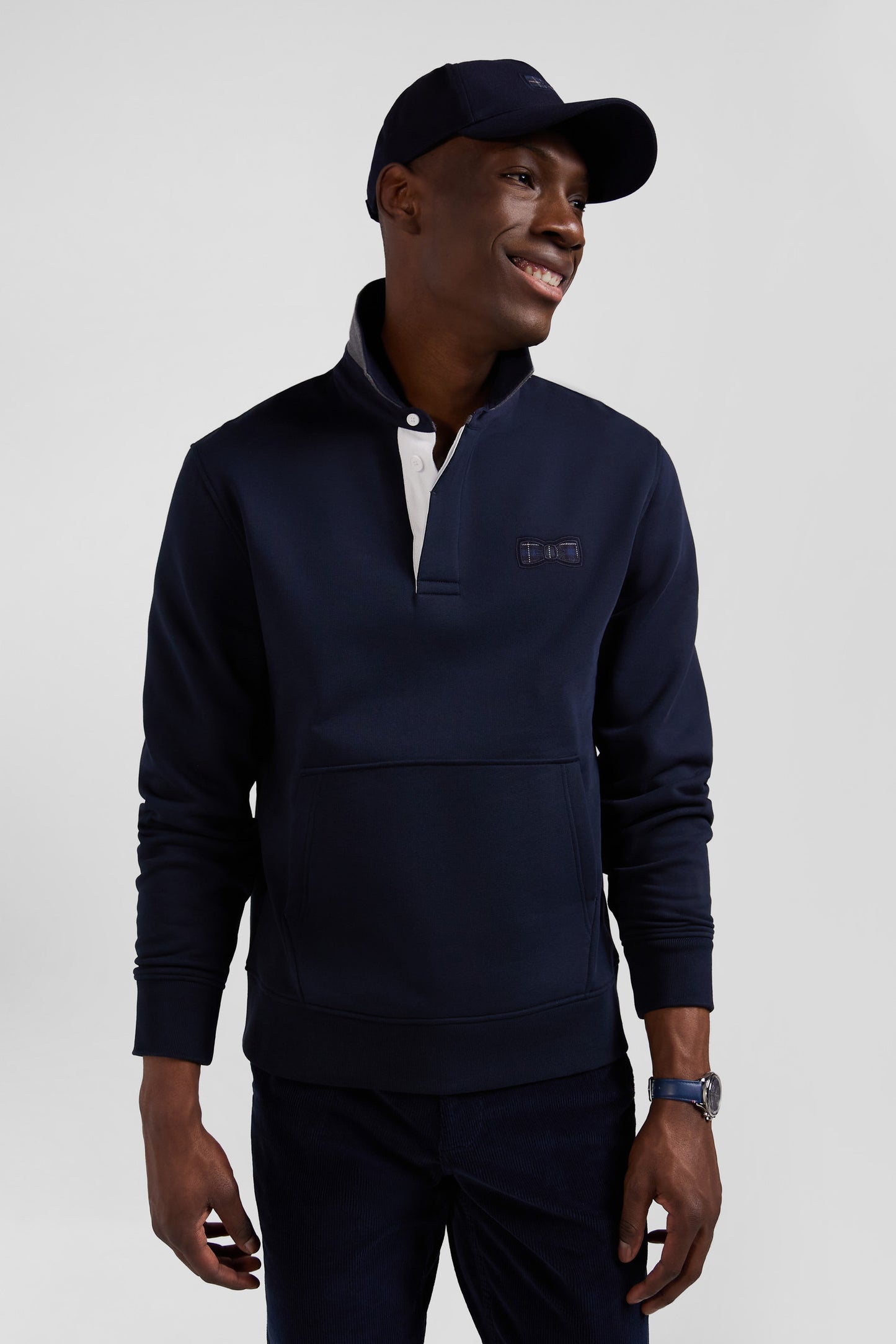 Sweatshirt col maillot en coton mélangé bleu marine coupe Relaxed application tissus carreaux