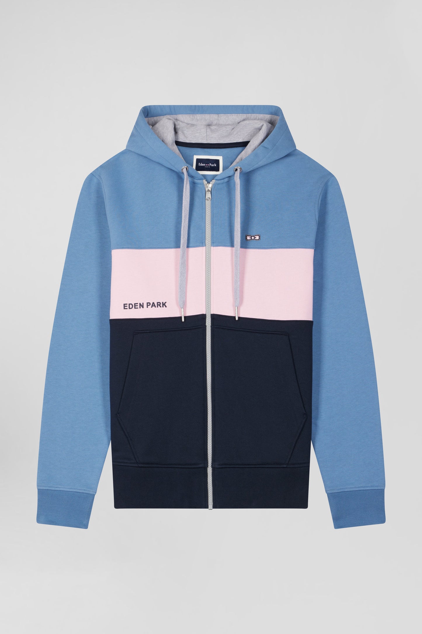 Regular blue colorblock zipped cotton hoodie