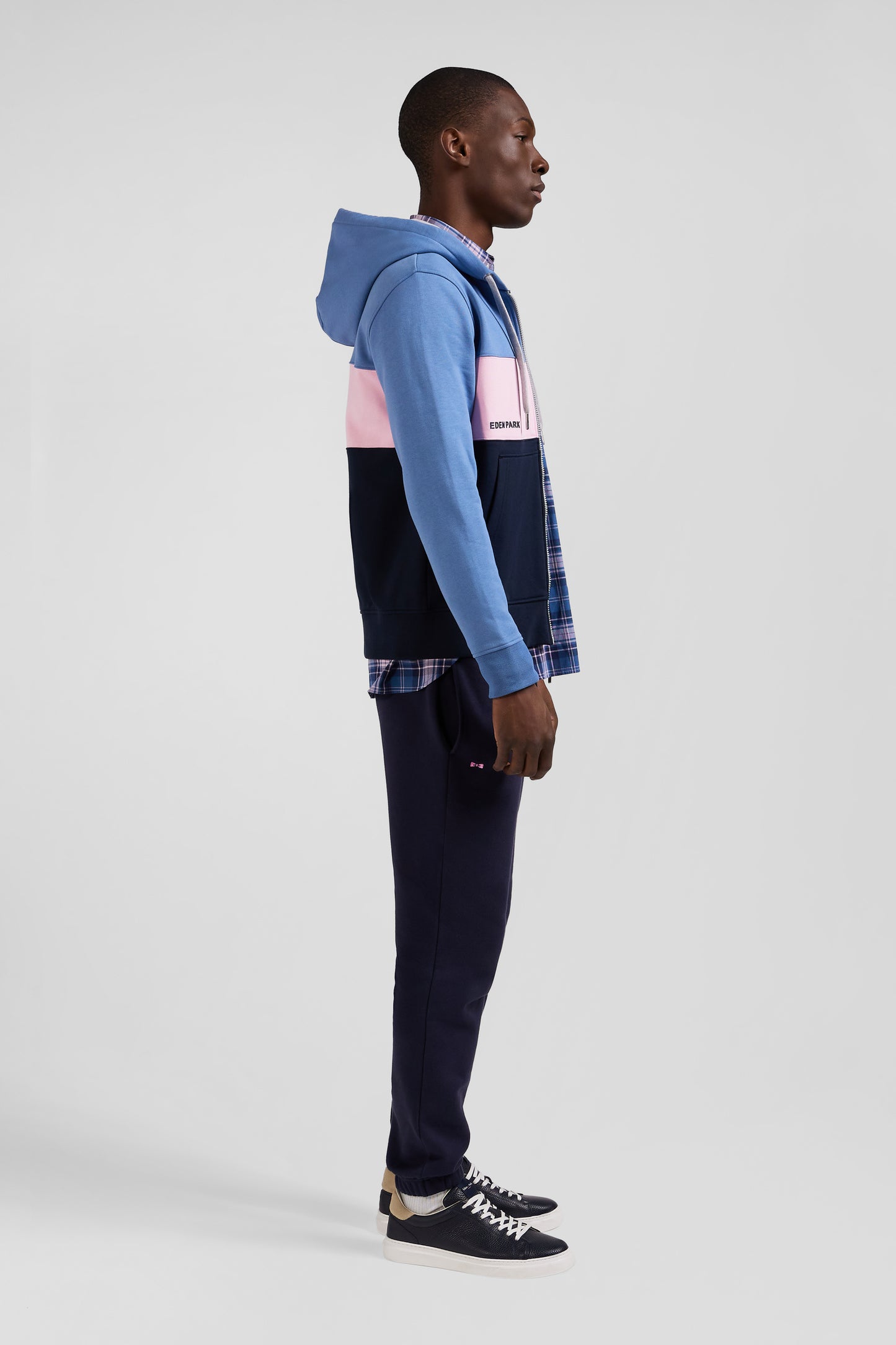 Regular blue colorblock zipped cotton hoodie