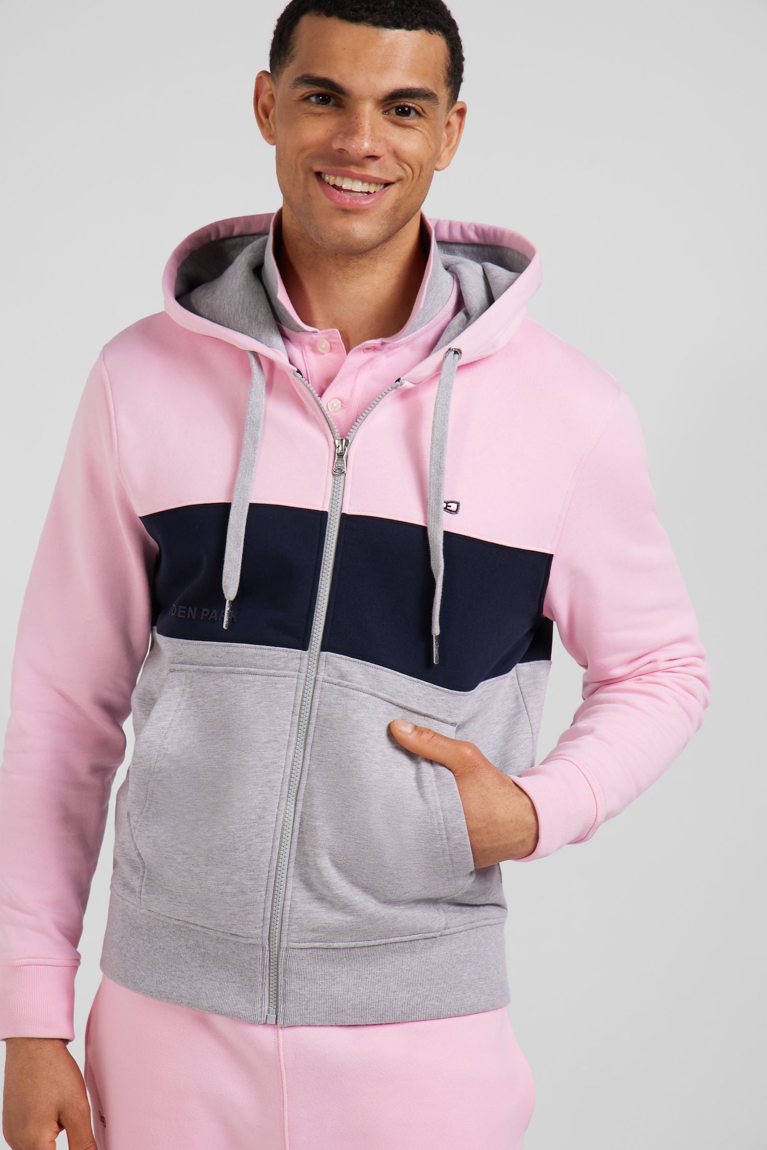 Regular pink colorblock zipped cotton hoodie