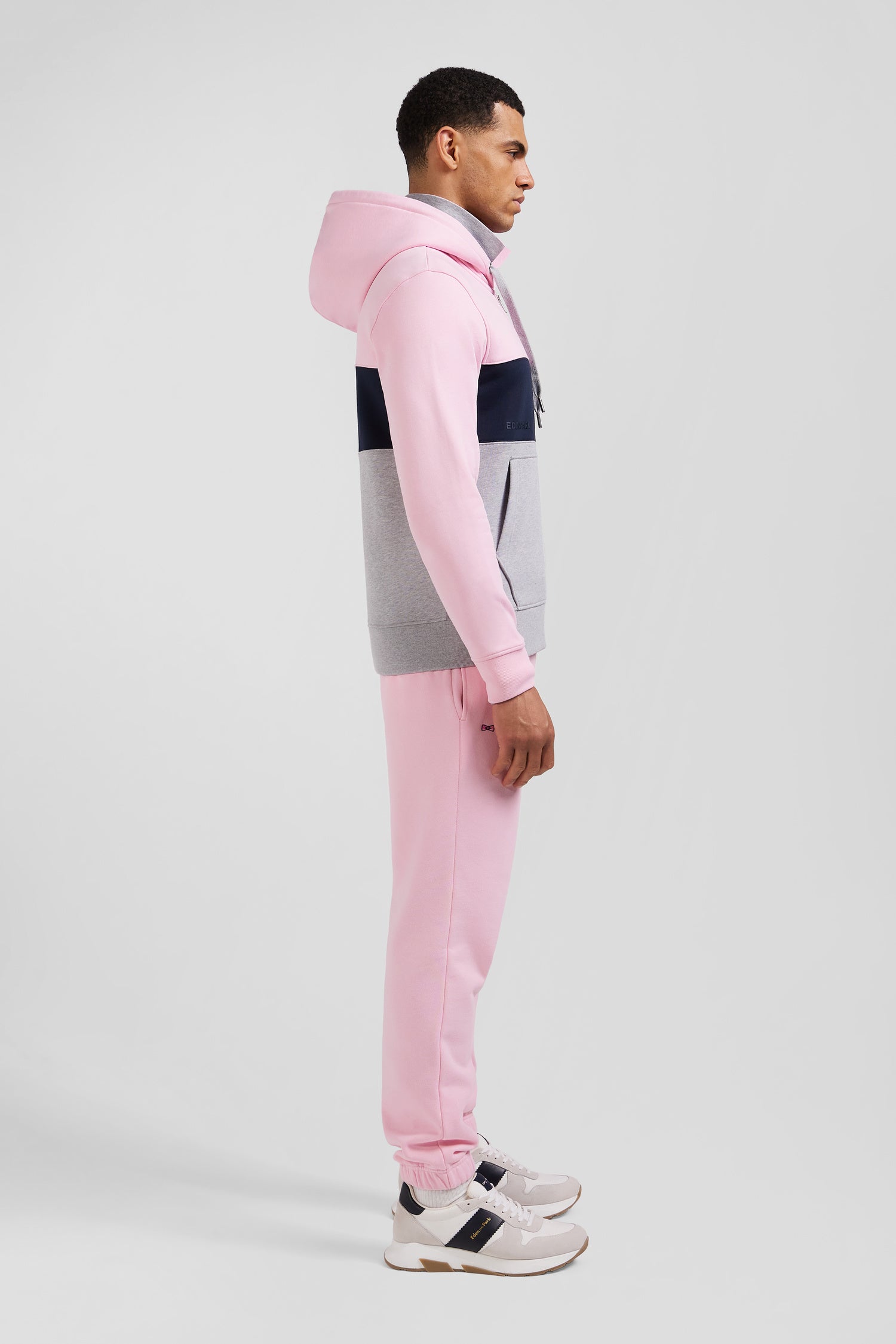 Regular pink colorblock zipped cotton hoodie