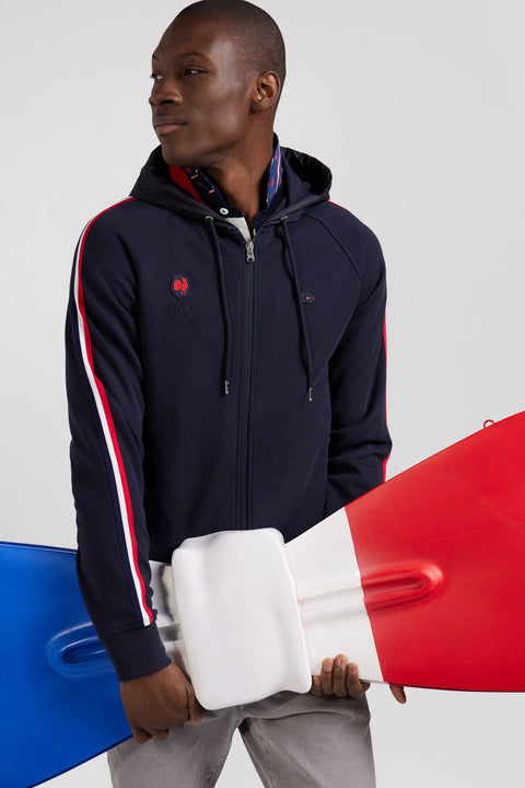 Regular navy blue zipped XV de France cotton blend hoodie - Image 3