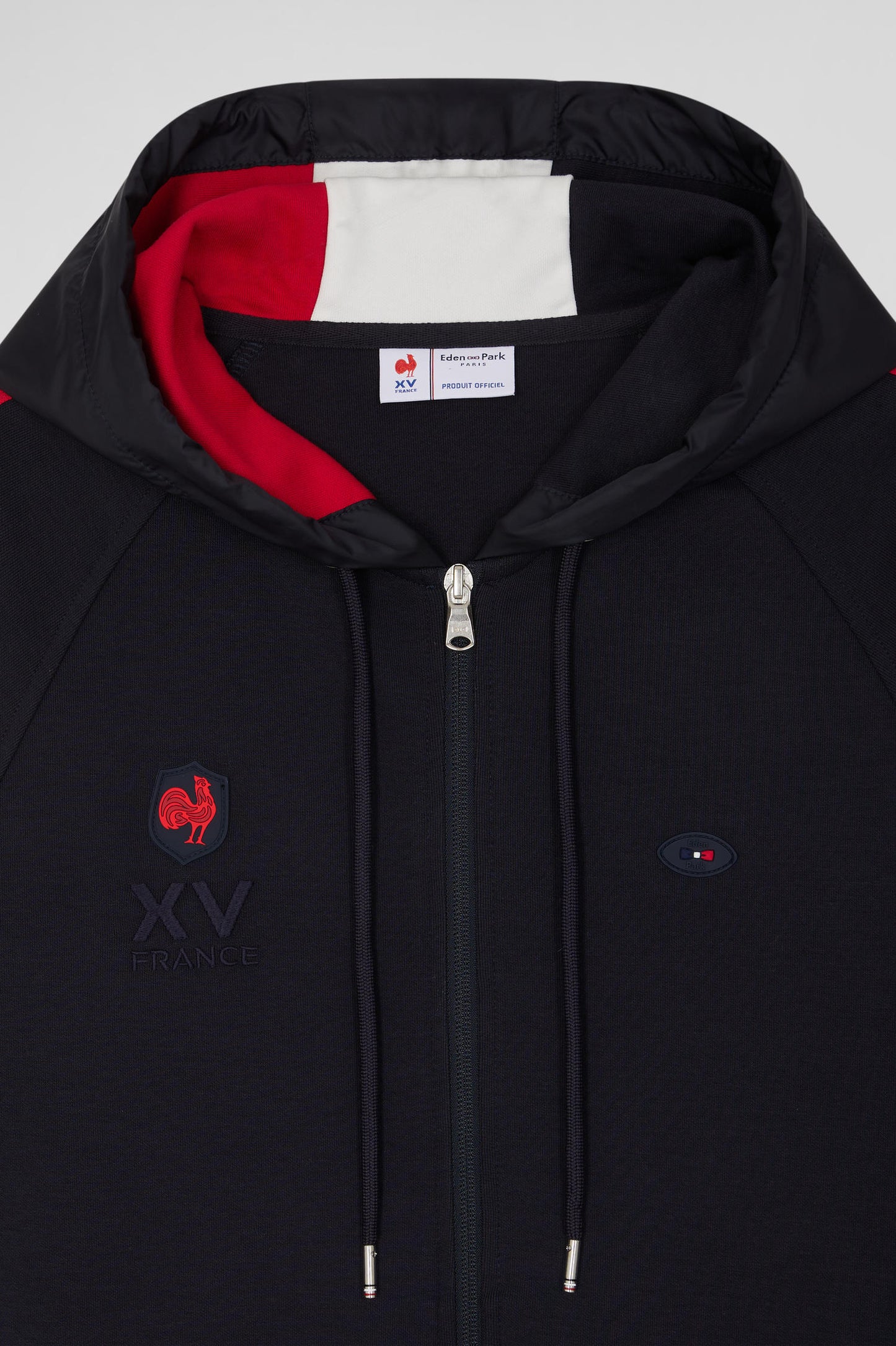 Regular navy blue zipped XV de France cotton blend hoodie