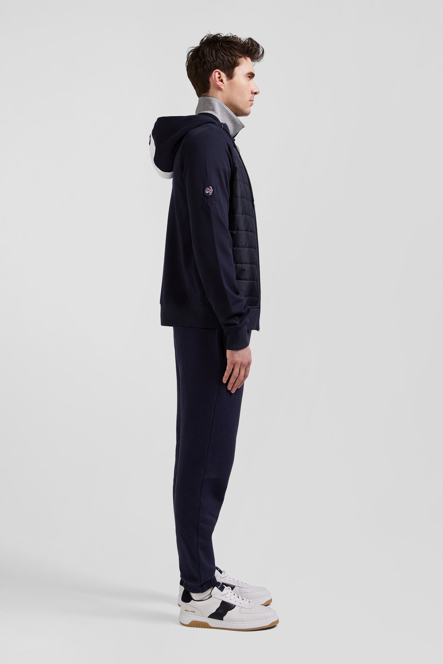 XV de France zipped hooded sweatshirt in cotton blend with navy blue trim, regular fit