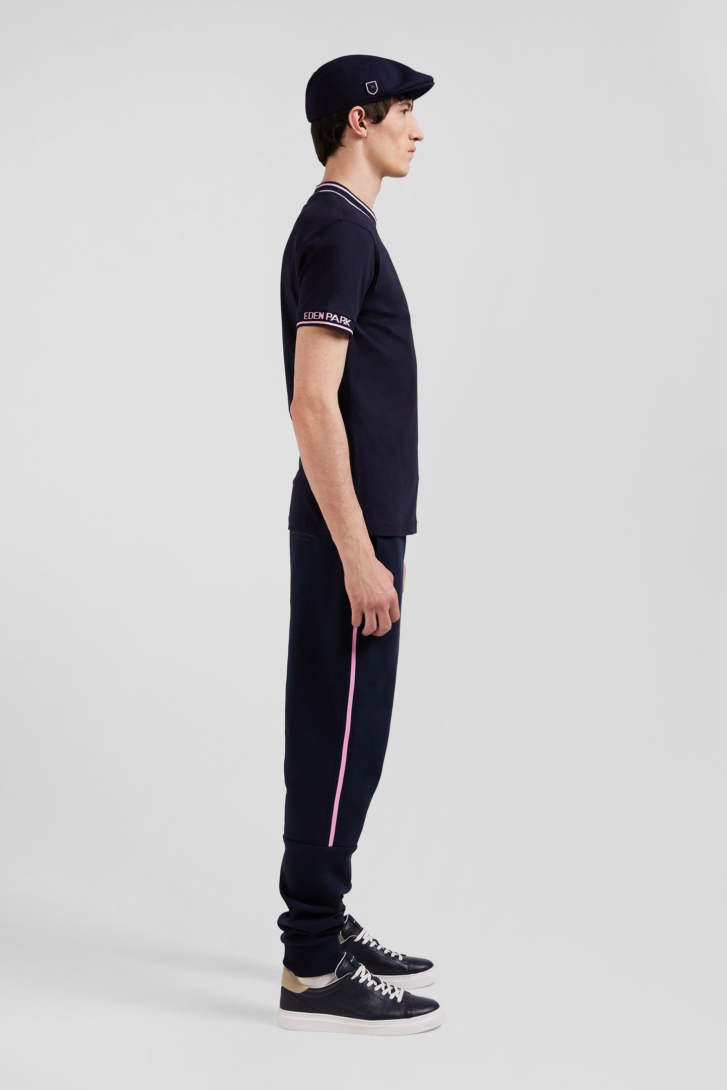 Slim navy blue short-sleeved cotton T-shirt with Eden Park ribs