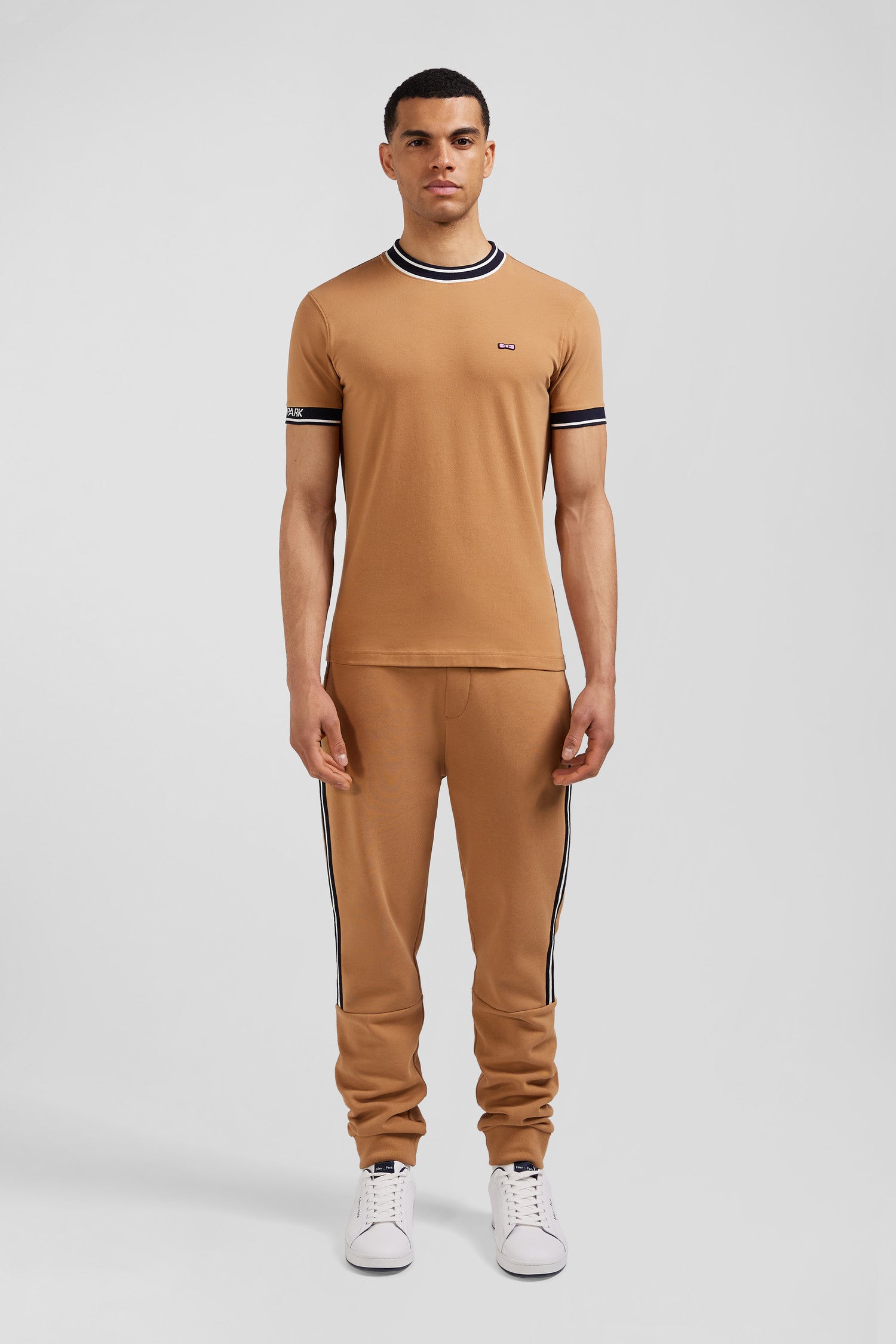 Slim camel short-sleeved cotton T-shirt with Eden Park ribs