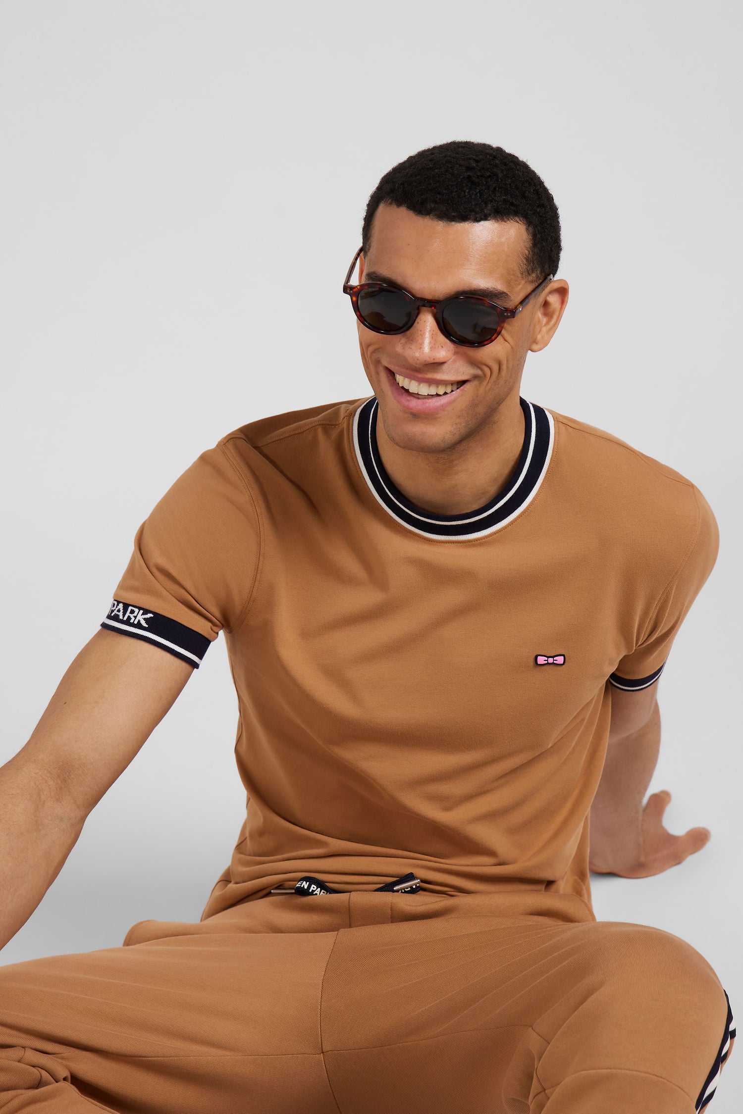 Slim camel short-sleeved cotton T-shirt with Eden Park ribs