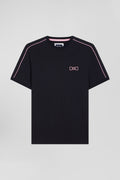 Regular navy short-sleeved cotton T-shirt with pink piping