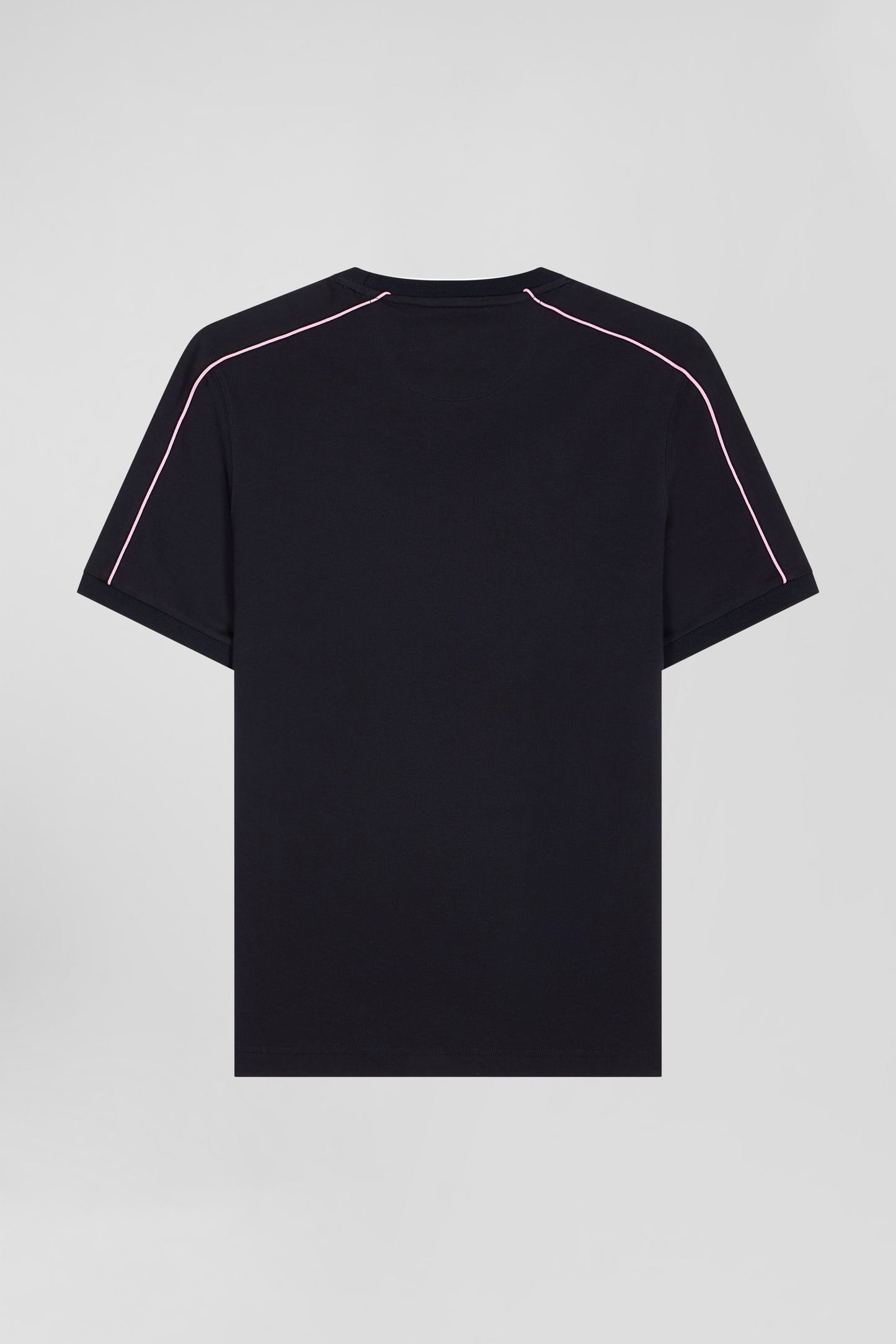 Regular navy short-sleeved cotton T-shirt with pink piping