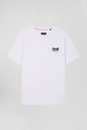Regular white short-sleeved cotton T-shirt with tie patchwork emblem