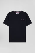 Regular navy blue short-sleeved cotton T-shirt with tie patchwork emblem