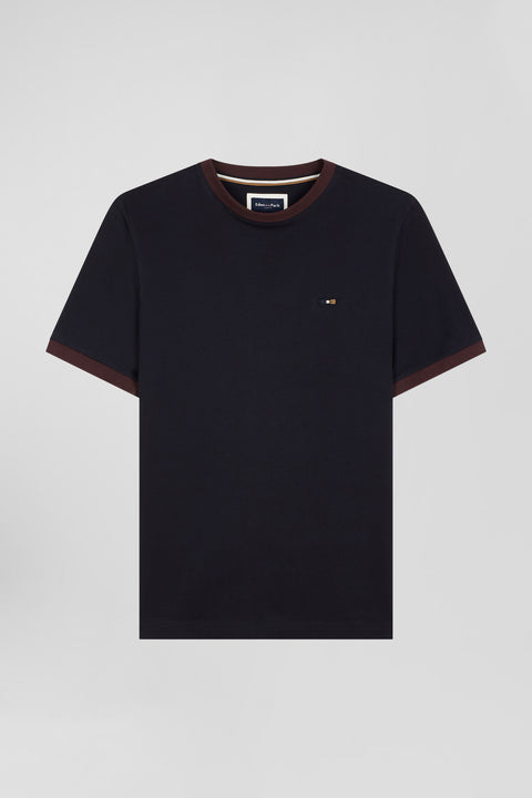 Regular navy short-sleeved cotton T-shirt with back embroidery - Image 2