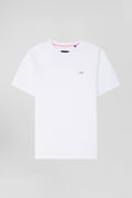 Regular white short-sleeved cotton T-shirt with back emblem embroidery