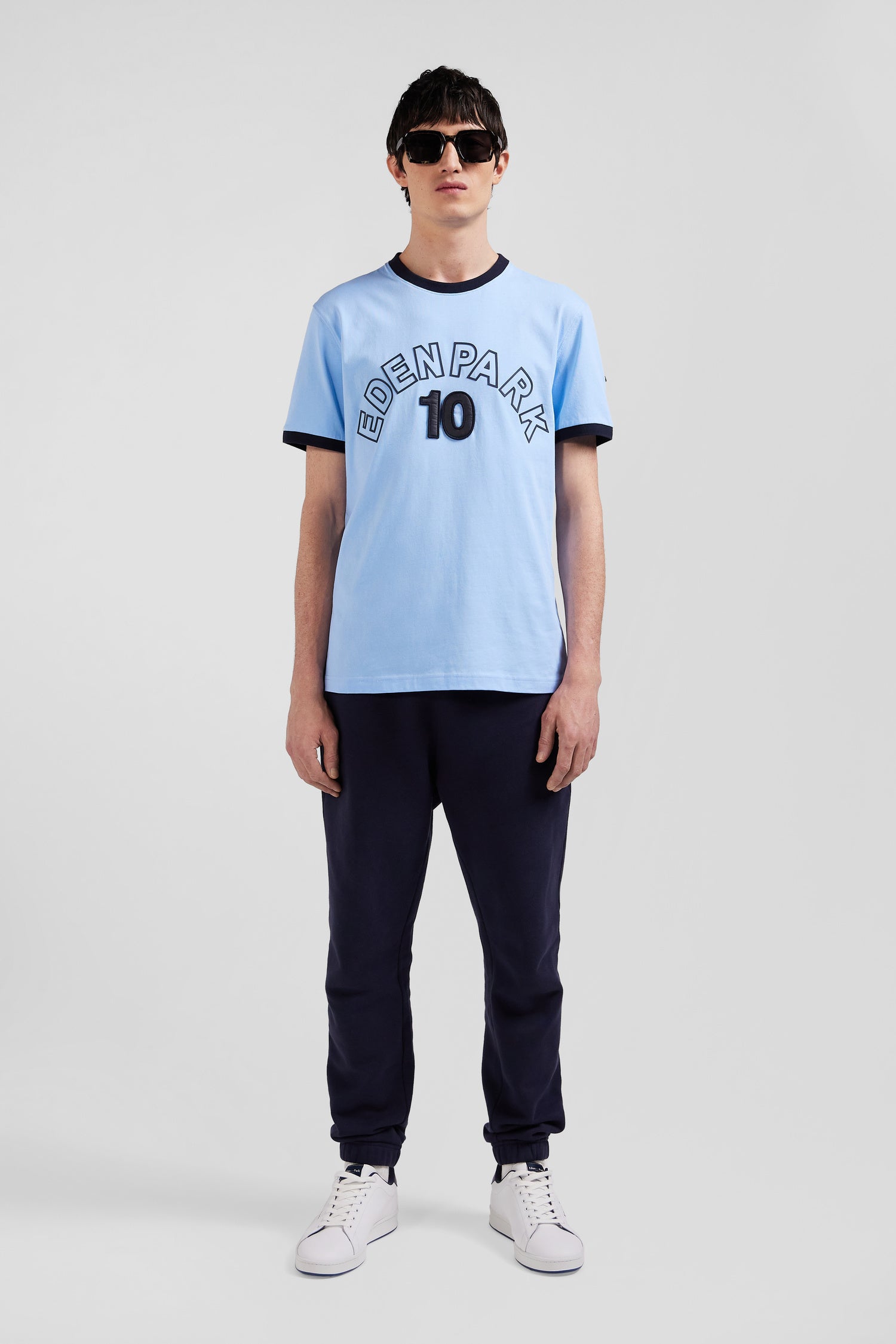 Relaxed sky blue bicolor short-sleeved cotton T-shirt with Eden Park 10 print