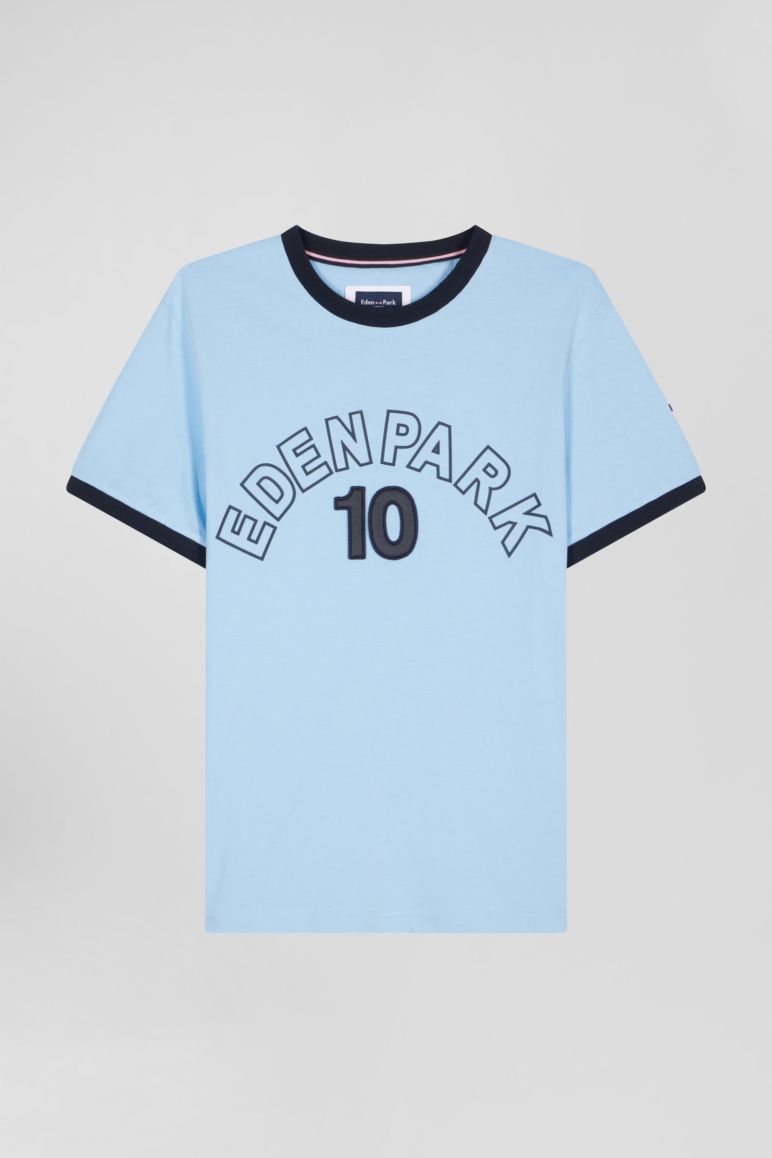 Relaxed sky blue bicolor short-sleeved cotton T-shirt with Eden Park 10 print