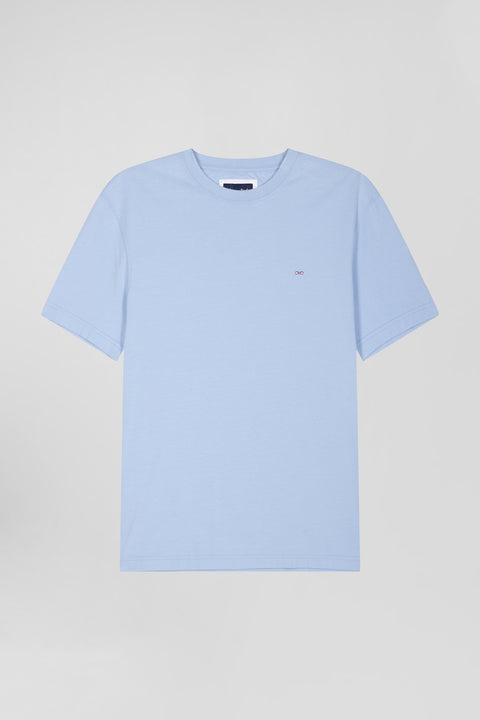 Regular sky blue short-sleeved cotton T-shirt with back patch - Image 2