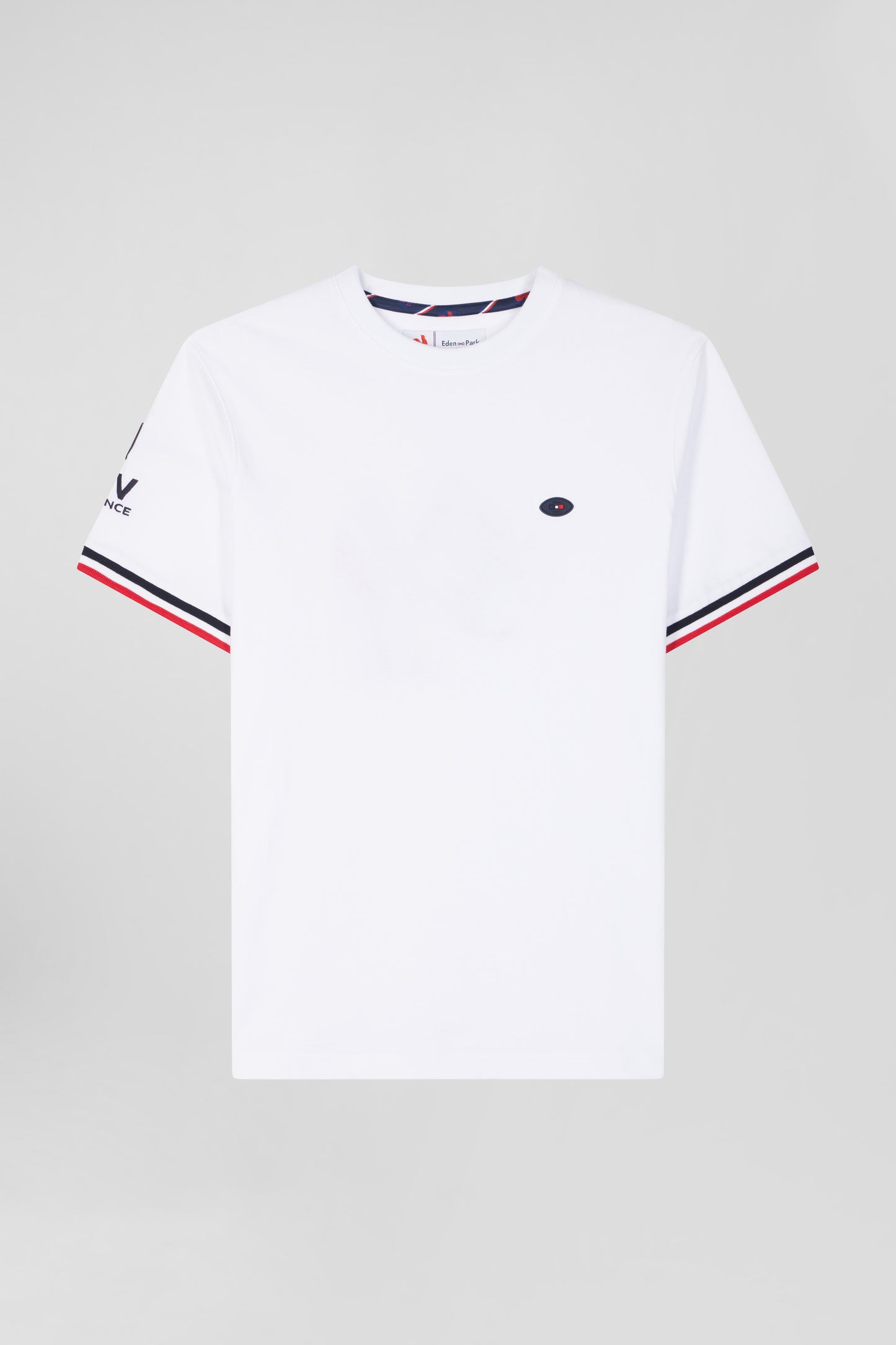 Regular white short-sleeved cotton T-shirt with tricolor XV de France embroidery