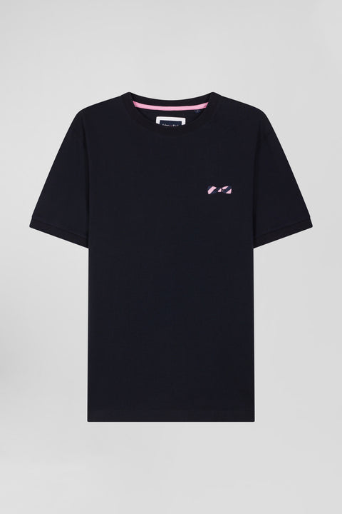 Regular navy short-sleeved cotton T-shirt with striped embroidery - Image 2