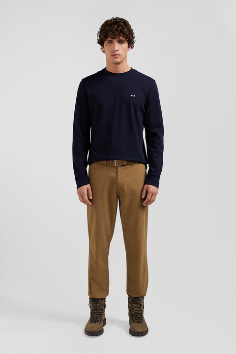 Regular navy blue long-sleeved cotton T-shirt with back embroidery - Image 1