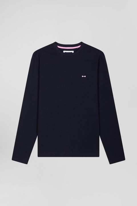 Regular navy blue long-sleeved cotton T-shirt with back embroidery - Image 2