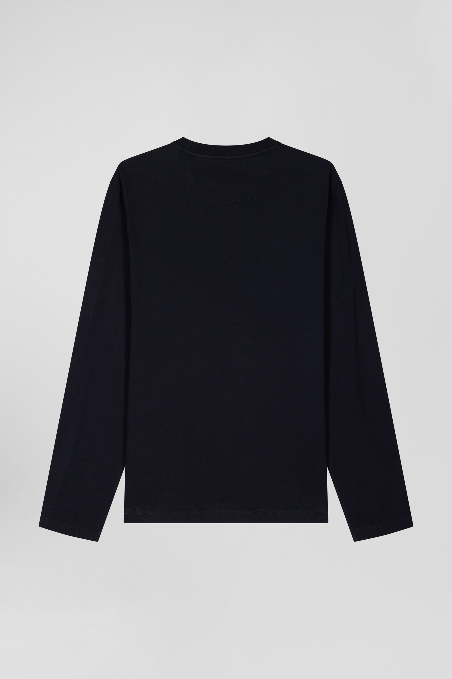 Regular navy blue long-sleeved cotton T-shirt with printed back patch