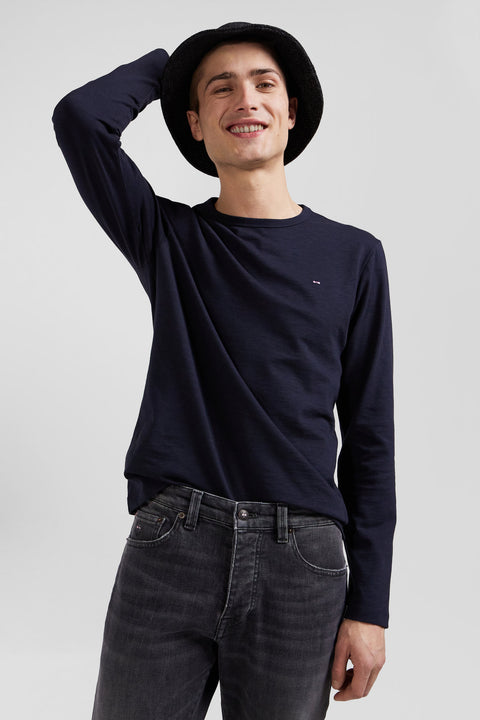 Slim navy blue long-sleeved cotton T-shirt - Image 3