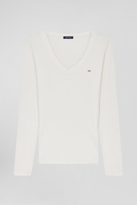 Slim ecru long-sleeved V-neck cotton T-shirt - Image 2