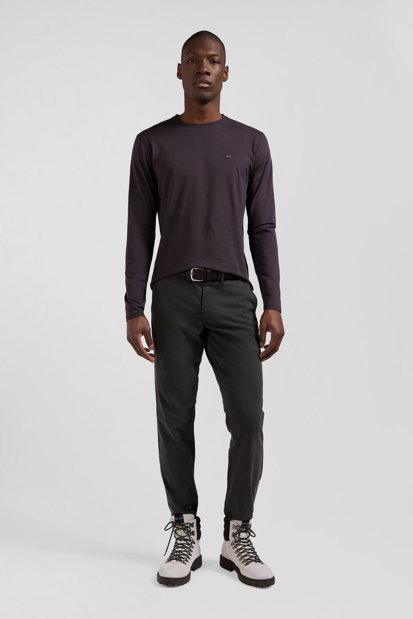 Long-sleeved T-shirt in dark brown Pima cotton, regular fit