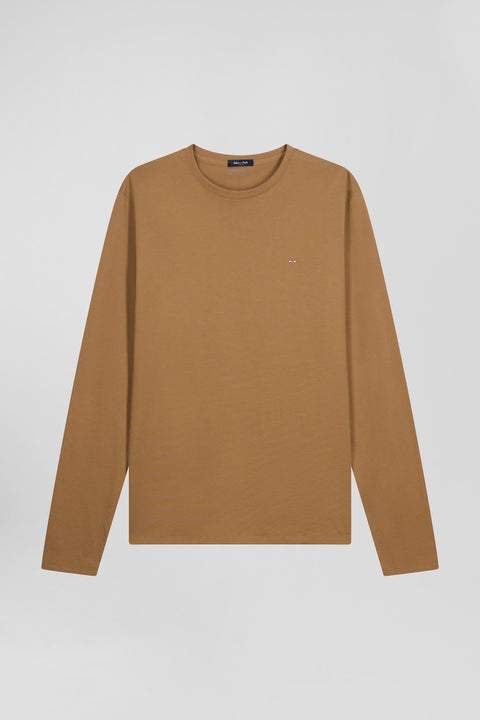 Plain long-sleeved T-shirt in hazelnut cotton, regular fit - Image 2