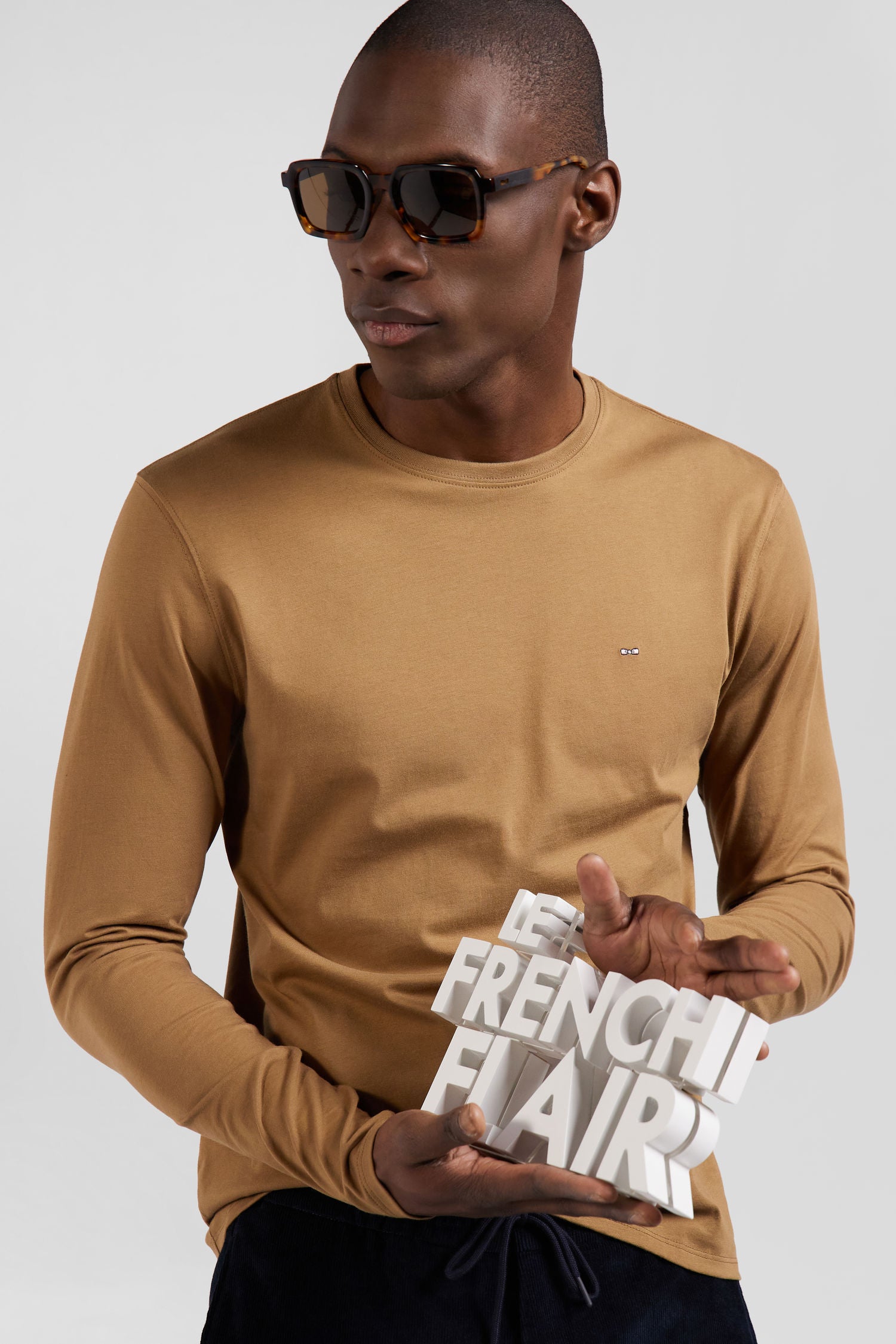 Regular camel long-sleeved cotton T-shirt