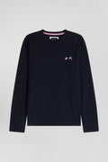 Regular navy blue embroidered long-sleeved cotton T-shirt