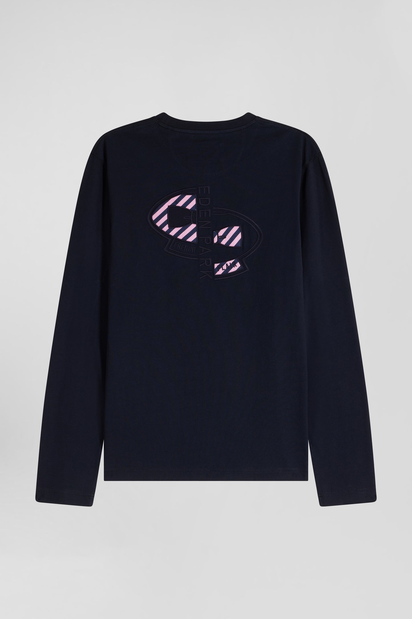 Regular navy blue embroidered long-sleeved cotton T-shirt