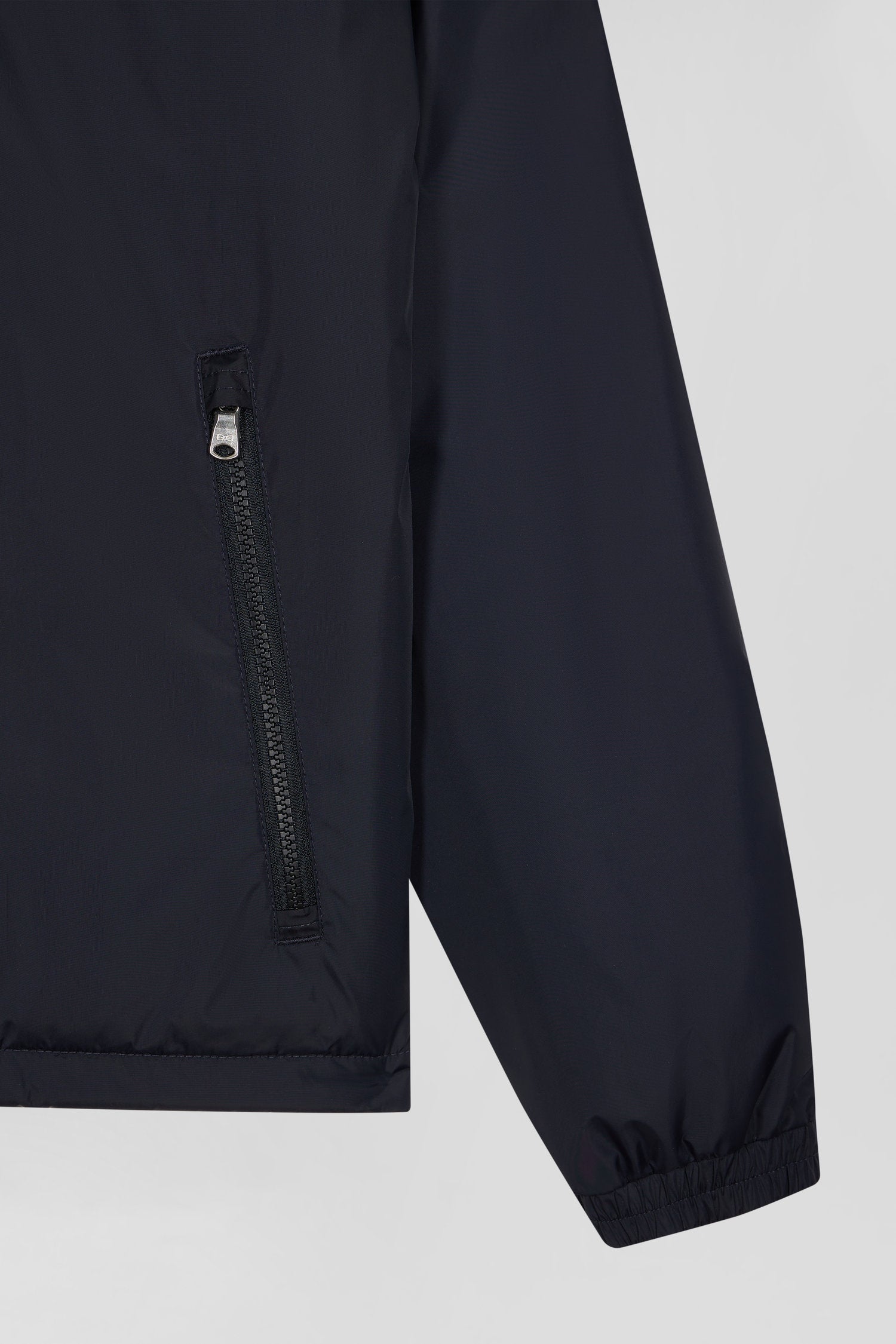 Navy blue matte nylon windbreaker with striped back embroidery