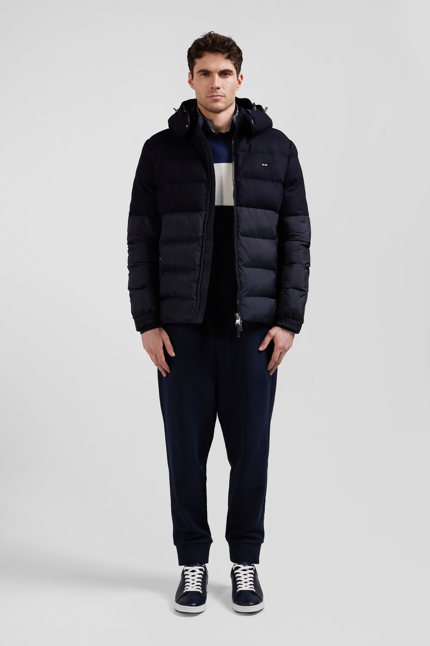 Navy blue flannel and nylon down jacket