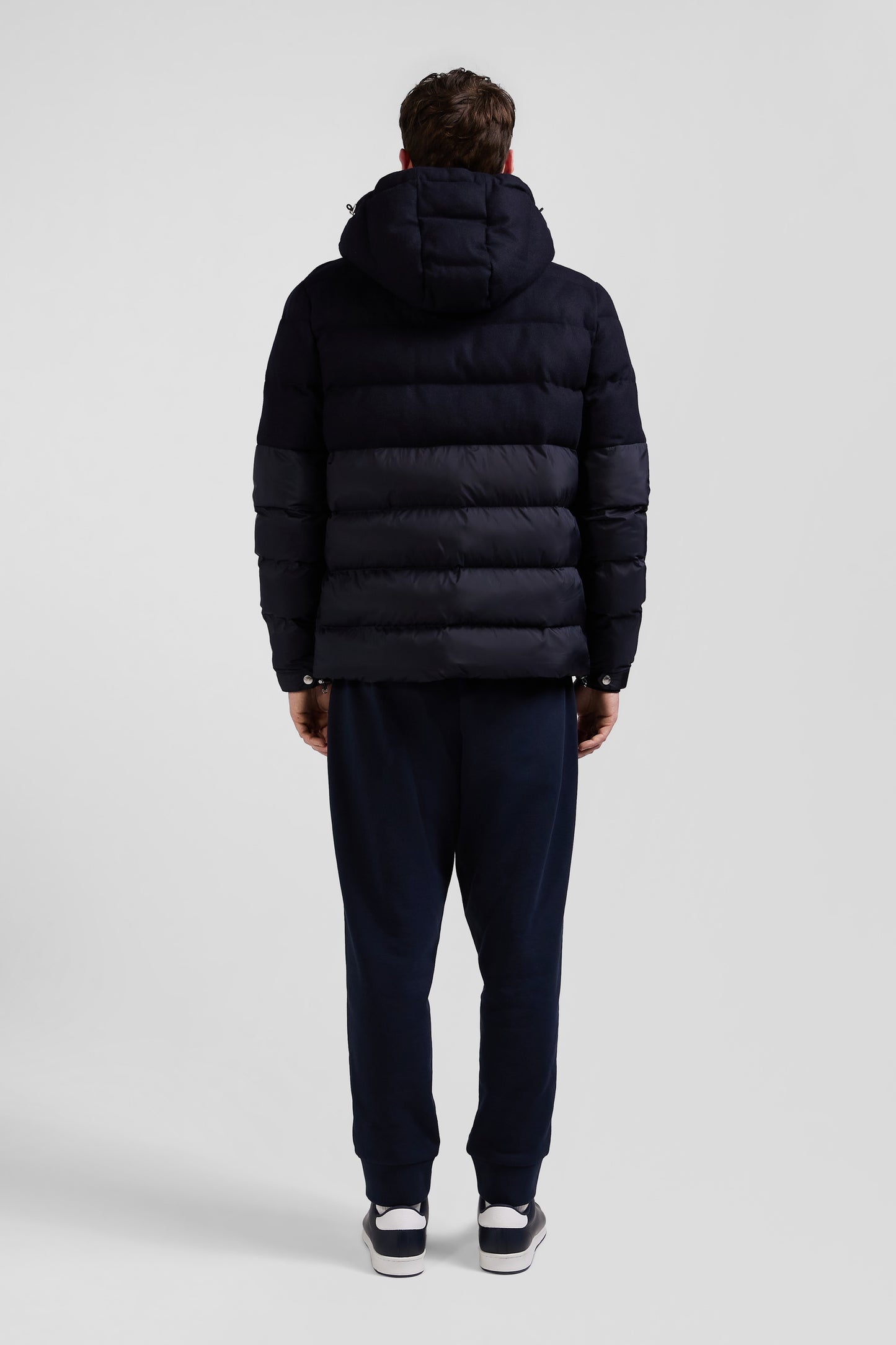 Navy blue flannel and nylon down jacket