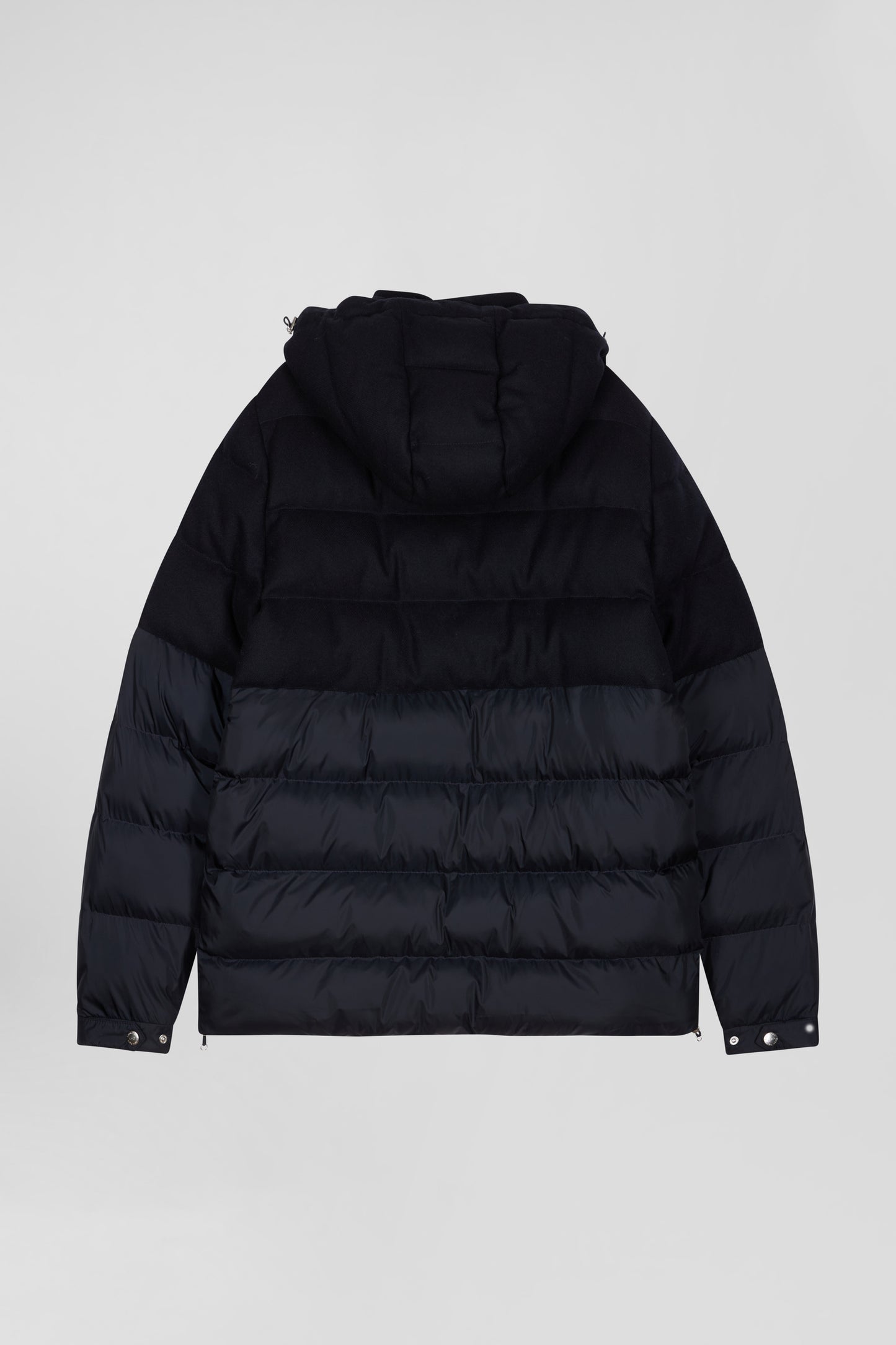 Navy blue flannel and nylon down jacket