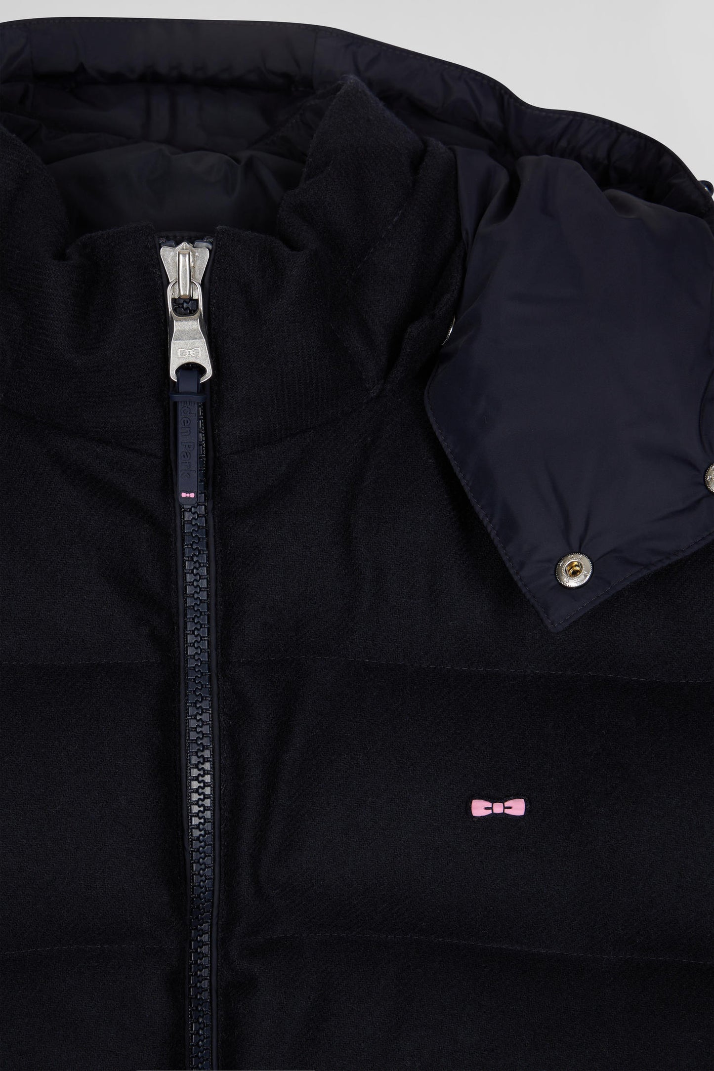 Navy blue flannel and nylon down jacket