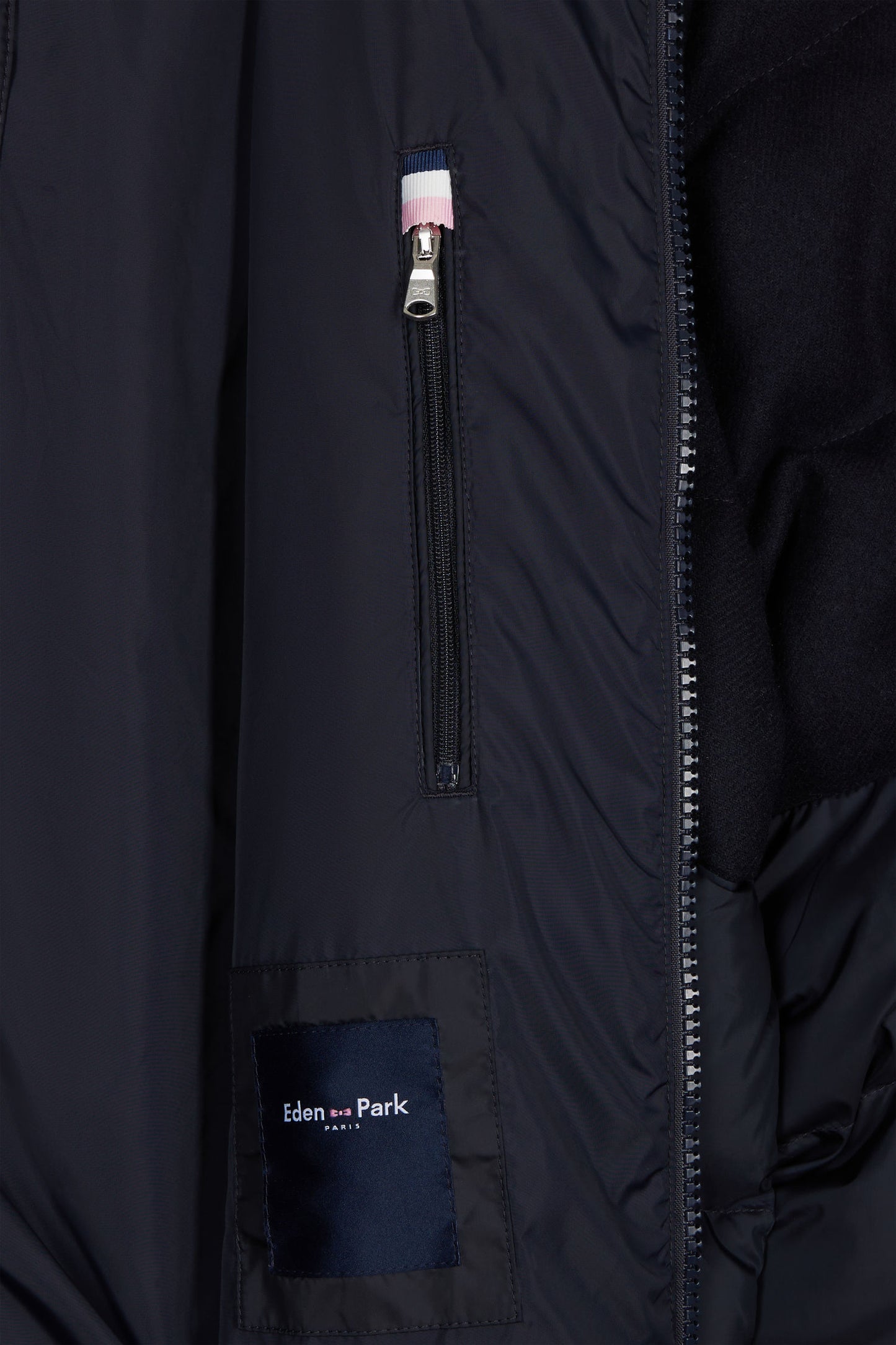 Navy blue flannel and nylon down jacket