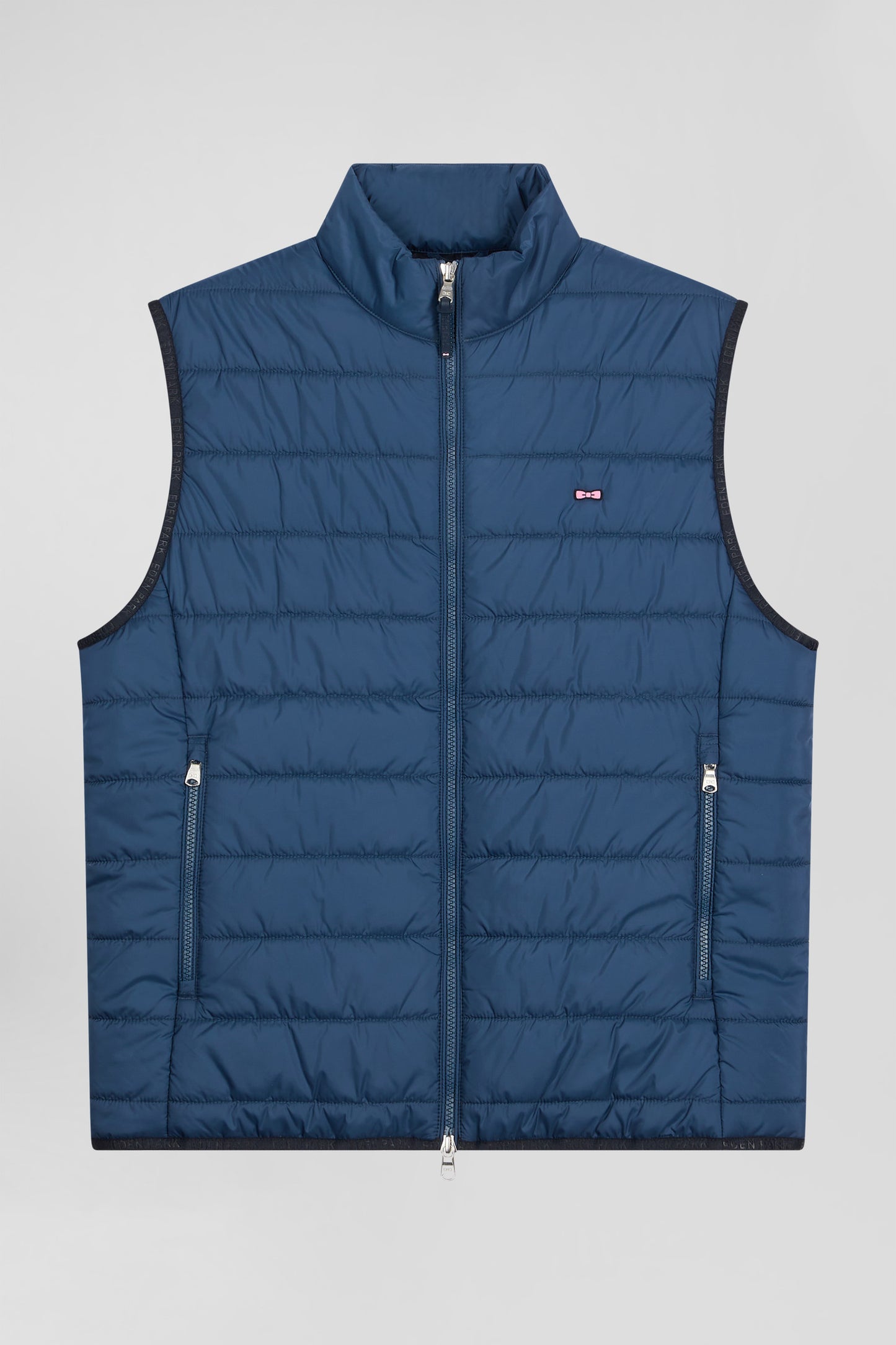 Blue quilted sleeveless high collar down vest