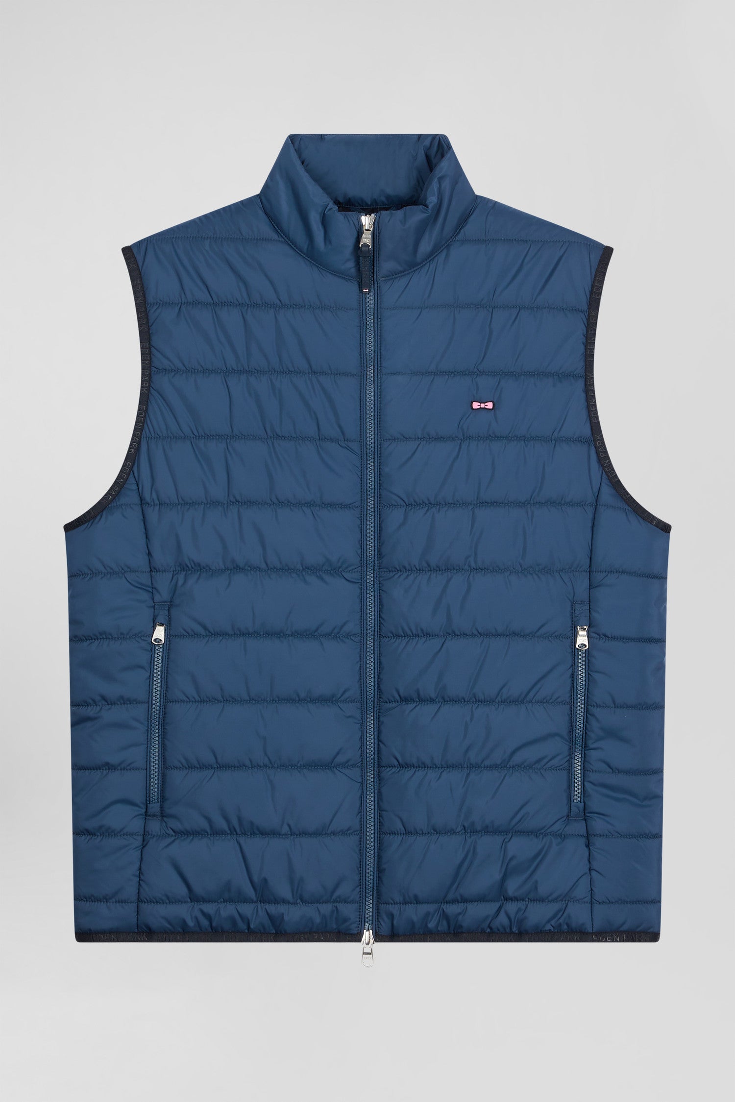 Blue quilted sleeveless high collar down vest