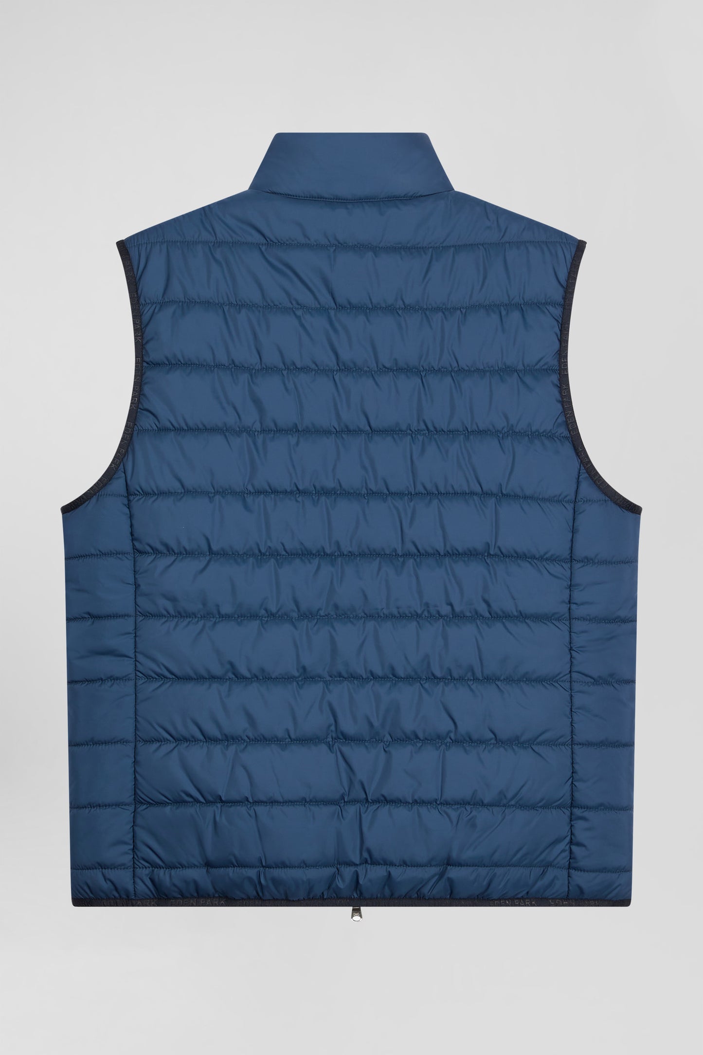 Blue quilted sleeveless high collar down vest