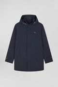 Navy blue hooded nylon raincoat